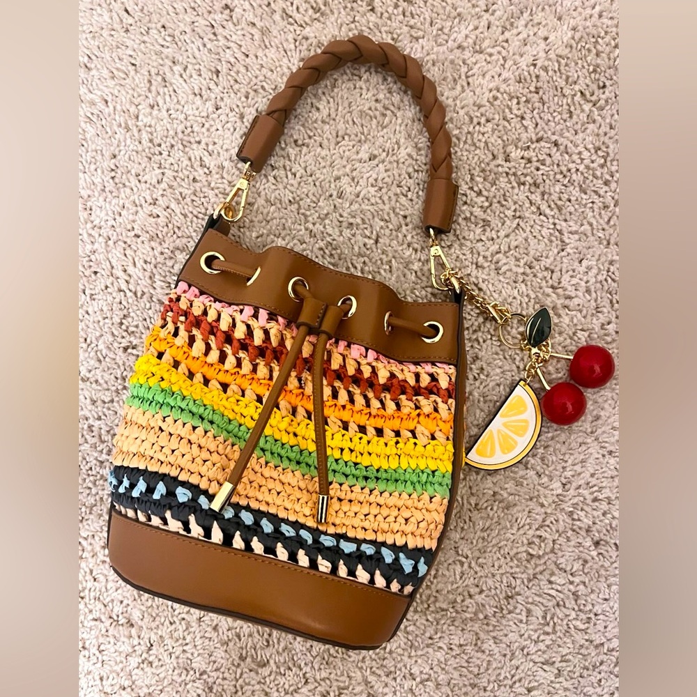 Multicolor Woven Bucket Bag with charms